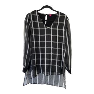 Vince Camuto Tunic Women Sz S Multi Print Mesh Sheer High Low Classy Modern